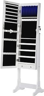 SONGMICS LED Jewelry Cabinet, Full Length Mirrored Jewellery Armoire, Lockable Jewellery Organiser with 2 Drawers, Sturdy and Stylish, Gift Idea, White JBC94W