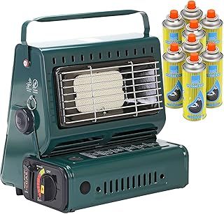 Taylor & Brown Portable Gas Heater + 8 Butane Gas Bottles Canisters - For Outdoor Camping, Hiking, Fishing, Caravan & Skiing Trips - Emergency, Safety Grill, Auto Ignition, Carry Handle & Temp Control