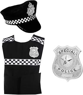 Kids Police Officer Costume - Large - Black Police Vest, Silver Badge, Policeman Hat - Childs Boys Girls Copper Policeman Policewoman Fancy Dress Costume