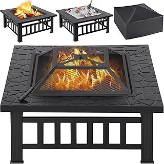 Yaheetech Outdoor Fire Pit 81cm Square Fire pits 3-in-1 Heat-resistant Metal Garden Stove for Barbecue, Heating, Cooling Drinks with Cover & Poker, Black