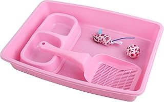 PAWISE Cat Accessories Set of 4 Cat Accessories Including Litter Tray, Litter Scoop, Bowl and Kitten Toy, 14.5 x 10.5 Inches, Pink