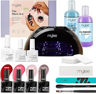 Mylee Main Kit - Professional Nail Art Gel Polish Set: LED Nail Lamp, Top & Base Coat, 4x Polish Colours, Builder Gel, Prep Tools & Remover
