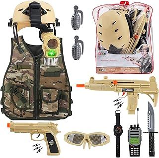 Military Soldier Camouflage Desert War Costume Set with Helmet, Toy Shotgun, Grenades, Accessories and Storage Backpack - Great for Kids