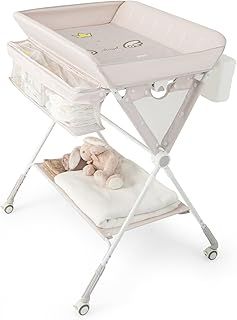 GYMAX Folding Baby Changing Table, Hight Adjustable Infant Bath Massage Dresser Diaper Organizer with Storage Basket, Trash Can and Shelf, Portable Newborn Care Station (Beige)