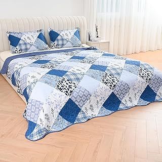 Quality Beddings 3 Piece Quilted Patchwork Bedspread Reversible King Size Bed Spread 230 x 250 cm (Design 1, King)