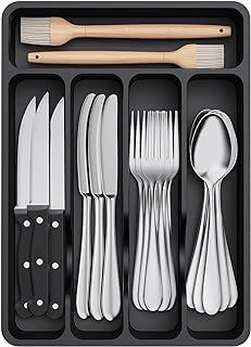 Lifewit Cutlery Drawer Organiser, Plastic Cutlery Tray for Kitchen Drawer, Utensil Flatware Silverware Holder Divider for Spoons Forks Knives Tableware, 5 Compartment, Black