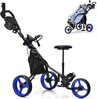 SPOTRAVEL 3 Wheel Golf Push Pull Cart, Folding Golf Trolley with Adjustable Umbrella Holder, Hydraulic Seat, Storage Bag & Beverage Holder, Lightweight Golf Bag Holder