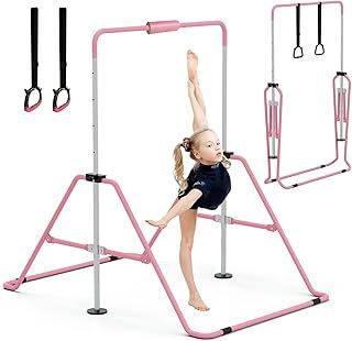 Gymnastics Bars with Bar Pad, Junior Training Kip Bar Gymnastics Equipment for Home Garden, Adjustable Height Gymnastic Folding Horizontal Bar with Gymnastic Rings for Kid Boys Girls