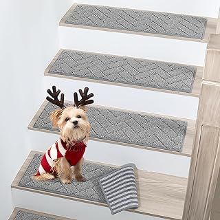 BEQHAUSE Stair Treads Non Slip Stair Runners Step Carpet Mat for Wooden Steps Indoor Machine Washable 22x70cm Edging Polyester Soft Stair Rugs for Kids Elders Pets with TPE Backing (Grey,15pcs)
