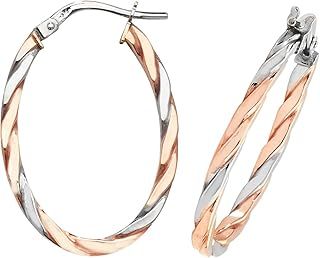 9ct Rose & White Gold Oval Hoop Earrings - Two Tone Gold - Twisted Pattern