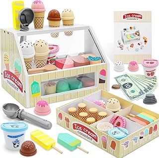 46PCS Wooden Ice Cream Toys for kids,Sekepingo Ice Cream Shop Playset, Pretend Play Food Kitchen Set with Cones, Popsicles & Play Money, Imaginative Learning Toy Gift for 3 4 5 6 Year Old Boys & Girl