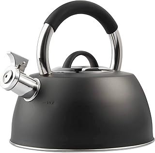 VonShef Stove Top Kettle, Stainless Steel Whistling Teakettle, Matte Black 2.5L Induction Kettle, Hob Teakettle with Stay Cool Handle & Grip, Suitable for All Hob Types