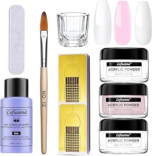 Lofuanna Acrylic Powder and Liquid Set,Professional Acrylic Nail Kit with 3 Colors 20g Acrylic Powder,40ml Acrylic Liquid Monomer,Nail Brush,Nail Forms for Nail Extension,Nail File Nail Art Kit (01)