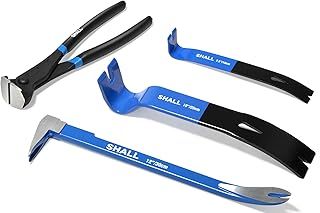 SHALL 4-Piece Pry Bar Set, 12-Inch(30.48cm) Cats Paw Nail Puller, 10-Inch(25.4cm) & 7.5-Inch(19cm) Flat Claw Pry Bars, 8-Inch End Cutting Pliers, Nail Remover Tool for Baseboard, Floor, Nails Removal