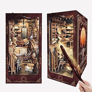 BOOKIE NOOKIE Book Nook Kit w/Remote Wand, DIY Dollhouse Booknook Magic 3D Bookshelf Insert Decor Craft Building Set Gift for Teens Adults as Halloween Christmas Day Gift - Magic Library-Light Brown
