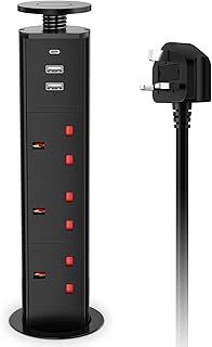 Pull Up Plug Sockets with USB C PD20W, Pop Up Sockets Extension 3 Outlets and 2 USB, Recessed Hidden Power Socket For Kitchen Worktops Desktop Home and Office, 13A/3250W, 1.8M Cable, Black