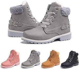 Ladies Ankle Boots Womens Snow Shoes Fur Lined Winter Combat Boot Warm Lace Up Plat PU Leather Booties Comfy Fashion Outdoor Black Grey Brown 3.5-9 UK