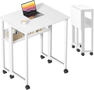 GreenForest Small Folding Desk with Storage Shelf,63 cm Computer Rolling Desk on Wheels Easy Assembly,Foldable desk for Small Space,White