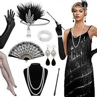 12Pcs 1920s Sequin Fringed Dress with Accessories, Roaring 20's Great Gatsby Flapper Dress with Headband Pearl Necklace for Women Ladies