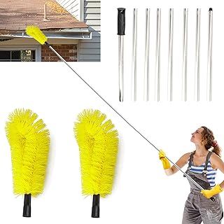 Telescopic Gutter Cleaning Brush - 10.4Ft Extendable Roof Gutter Cleaner Equipment, 2 Brushes & 8Pcs Telescopic Poles for Cleaning Leaves Window Gutter Hanging Light Spider Web, Yellow