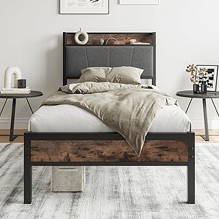 BORPHOM 3ft Single Bed Frame with Storage Headboard,Heavy Duty Metal Upholstered Platform Bed Frame,Mattress Foundation/Strong Steel Slat Support/Under-bed Storage/Easy Assembly