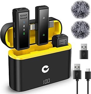 CAHAYA Wireless Lavalier Microphone Clip on Lapel Plug Play with Type-c and Lightning Connectors for Phone Laptop PC for Video Vlogging and Live Streaming with 2 Mics and 2 Windscreens to Reduce Noise