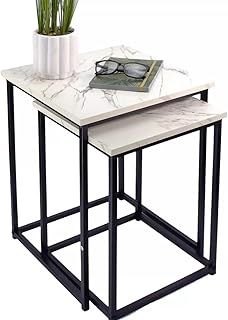 Square Coffee Table, Set of 2 Nesting Table with White Marble Effect Top Black Metal Frame, side tables For Living Room