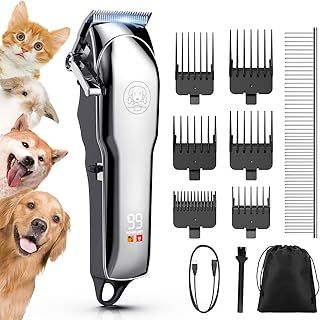 Professional Dog Clippers for Thick Hair, Low Noise Grooming Kit with Stainless Steel Blade, Cordless Dog Grooming Clippers with 6 Guide Combs for Pets and Animals