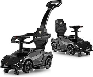 GYMAX 3 in 1 Kids Ride on Push Car, Licensed Lamborghini Push Along Car with Handle, Guardrails, USB Port, Music & Lights, Underneath Storage, Toddler Sliding Toy for 18-60 Months Boys Girls (Black)