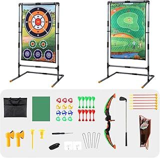 Warmiehomy Kids Golf Game Set, Double-Sided Sticky Golf Darts Practice Mat with Stand, 12 Sticky Balls, 1 Golf Club, 10 Darts, 2 Axe and Archery Set, Indoor Outdoor Golf Toy, Birthday