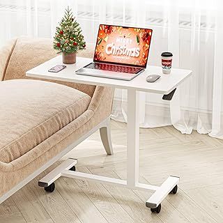 Dripex Pneumatic Height Adjustable Overbed Bedside Table with Wheels, 80 × 40 cm Standing C Shaped Laptop Desk, Small Rolling Bed & Sofa Side Table for Bedroom Living Room (White)