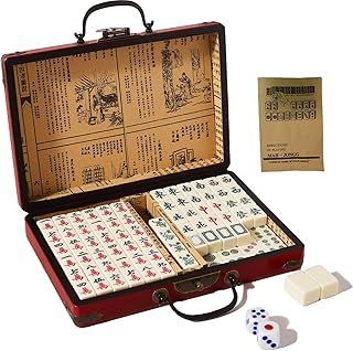 Mini Chinese Majong Set, 144PCS Mahjong Tile Gathering Table Games Set, Mah Jong Game kit with Leather Carrying Case Box, Portable Majong Sets with 2 Dice for Travel Party Family