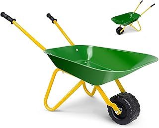 Kids Wheelbarrow, Gardening Trolley Toy with Metal Frame and Comfortable Handles, Garden Play Tools for Children Aged 3 Years and Up (Green)