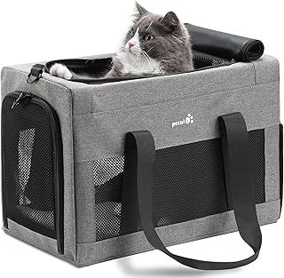pecute® Cat Carrier Airline Approved, Extra Stable Cat Carrier Handbag, Portable Dog Carrier, Breathable Mesh Fabric Bag for Pets, Pet Carrier Suitable for Both Long And Short Trips Grey
