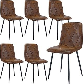 Artist Hand Set of 6 Dining Chairs for Dining Room Living Room, Vintage Faux Suede Dining Chairs with Backrest Upholstered Seat Solid Metal Legs, Brown