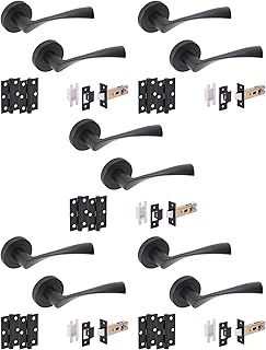 HANDLEZONE® 5 Sets Zena Internal Door Handles on Rose Lever Latch Packs with Ball Bearing Hinges - Black Matt