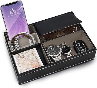 Belle Vous Black Faux Leather 5 Compartment Valet Dresser/Nightstand Organiser Tray - Desk Storage Box For Wallet, Phone, Keys, Jewellery, Men's Accessories, Money, Cufflinks- Catchall Box for Bedside