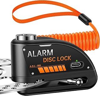 HAPYTHDA Alarm Disc Lock Motorbike,Anti Theft with 120dB,Motorbike Accessories Bike Lock Security,Rechargeable Motorcycle Locks for Mopeds Bikes Scooters,Waterproof,5.9FT Reminder Cable,Black