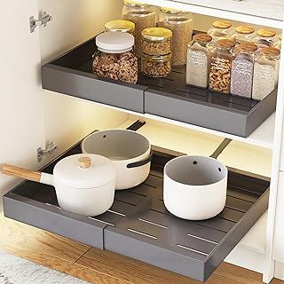 COVAODQ Pull out kitchen storage Extendable Sliding Slide Out Pantry Shelves Storage No Punch for Kitchen Base Cabinet Organization, Pantry, Bathroom Adjustable Width 31.5cm to 52cm,2 Pack