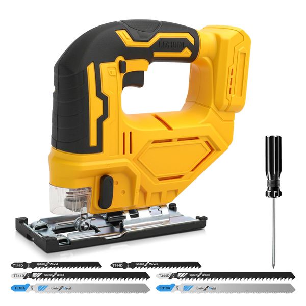 Cordless Jigsaw for Dewalt 18V 20V, 400W 2900RPM Electric Orbital Jigsaw Cut Off Tool, 3 Orbital Action, ±45° Bevel Cutting Angle, 6Pcs T-Shank Blades for Wood Plastic Metal (No Battery)