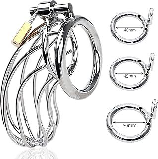 Male Cock Cage Chastity Device with 3 Cock Rings Premium Metal Silver Locked Cage Adult Sex Toy for Men | Key and Lock Included