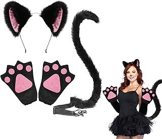 EUPSIIU 3-Piece Cat Costume: Fox Furry Animal Ears Headband, Faux Fur Fluffy Long Tail, Cat Paw Gloves - Unisex Fancy Dress Up Accessory for Adult, Kid, Halloween Party, Stage Show