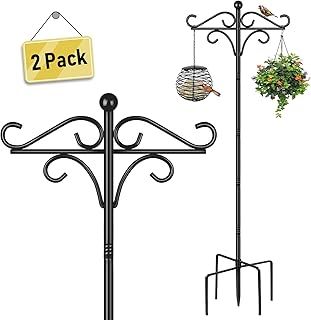 2 Pack Bird Feeders Hanging Station, 195cm Free Standing Wild Bird Feeder Poles and Hangers Heavy Duty Metal Bird Feeding Stand Shepherd Crook Hook for Outdoor Garden Light Lantern