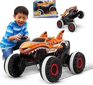Hot Wheels Monster Trucks Remote Control Car, Unstoppable Tiger Shark with Tread Attack Tires and Terrain Stomp Technology, 1:15 Scale, Toys for Ages 4 and Up, HGV87