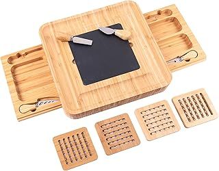 Bamboo Cheese Board Set with 4 Cheese Knives - Perfect for Gifts, Picnics, and Parties! (Square)