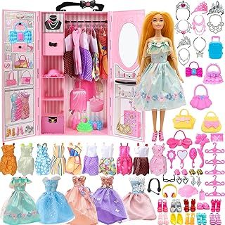63pc Doll Clothes & Accessories with Doll Closet Wardrobe for 11.5in Dolls - Fashion Swap Set Including Dress, Shoes, Bags, Jewelry