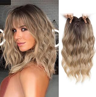 Large Base Hair Topper, 14 Inch with Fringe - Ombre Dark Blonde Wavy Synthetic Wiglets for Thinning Hair Women