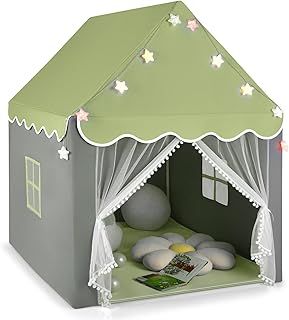 GYMAX Kids Tent, Fairy Play Castle with Washable Mat, Star Lights & Windows, Outdoor Indoor Children Playhouse Tents for Girls Boys Gift (Green)