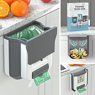 Gintan 2.4 Gallons Foldable Kitchen Door Bin，Hanging Trash Bin with Lid，Compost bins for Kitchen/Camping/RV/Car/Bathroom/Office/Bedroom (Grey)