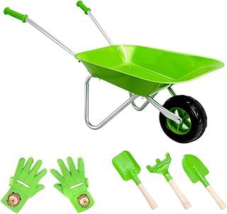 Hortem Wheelbarrow Set Children, Metal Construction Wheel Barrel Easy to Assemble and 3 PCS Kids Gardening Tools,Garden Gfits for Childr (Green)